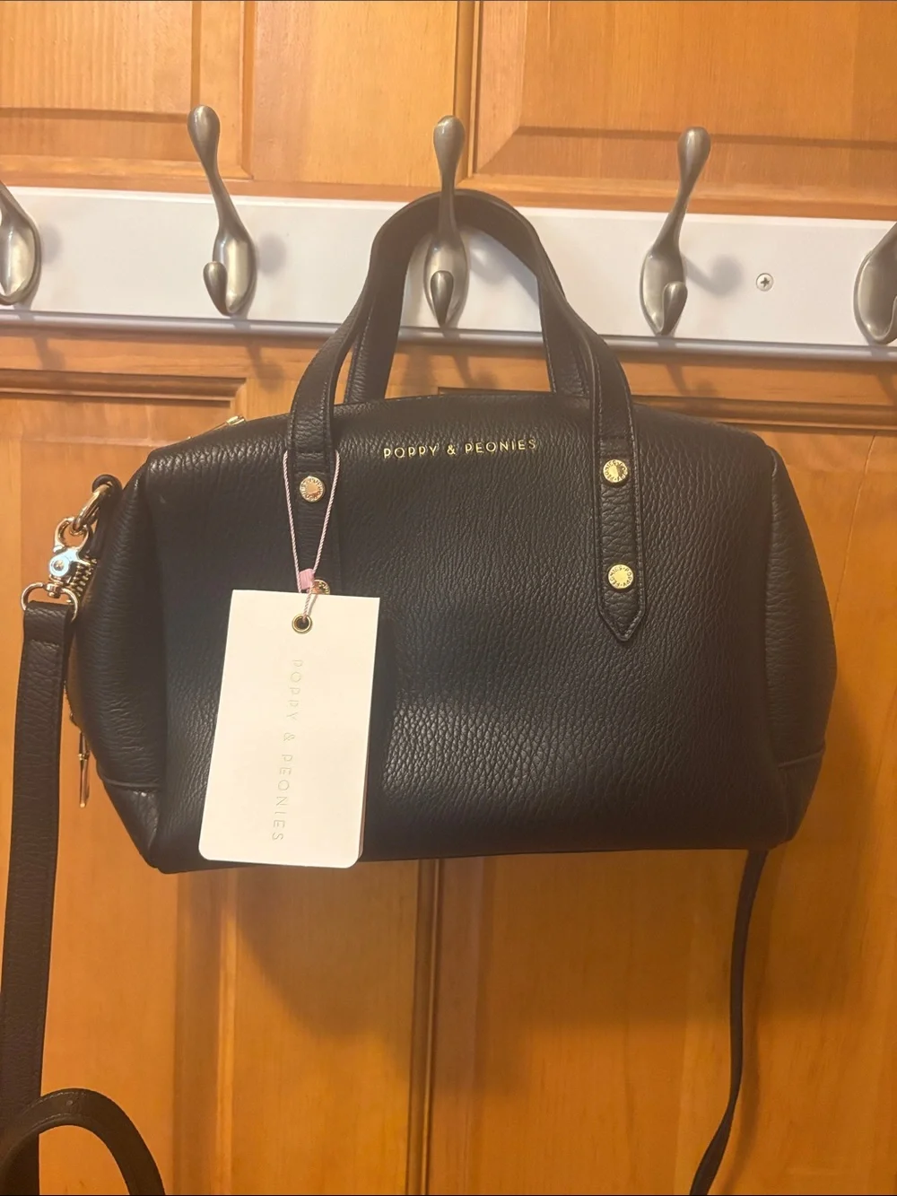 Poppy & Peonies  Out and About Black Pebbled Leather Satchel with Gold Hardware